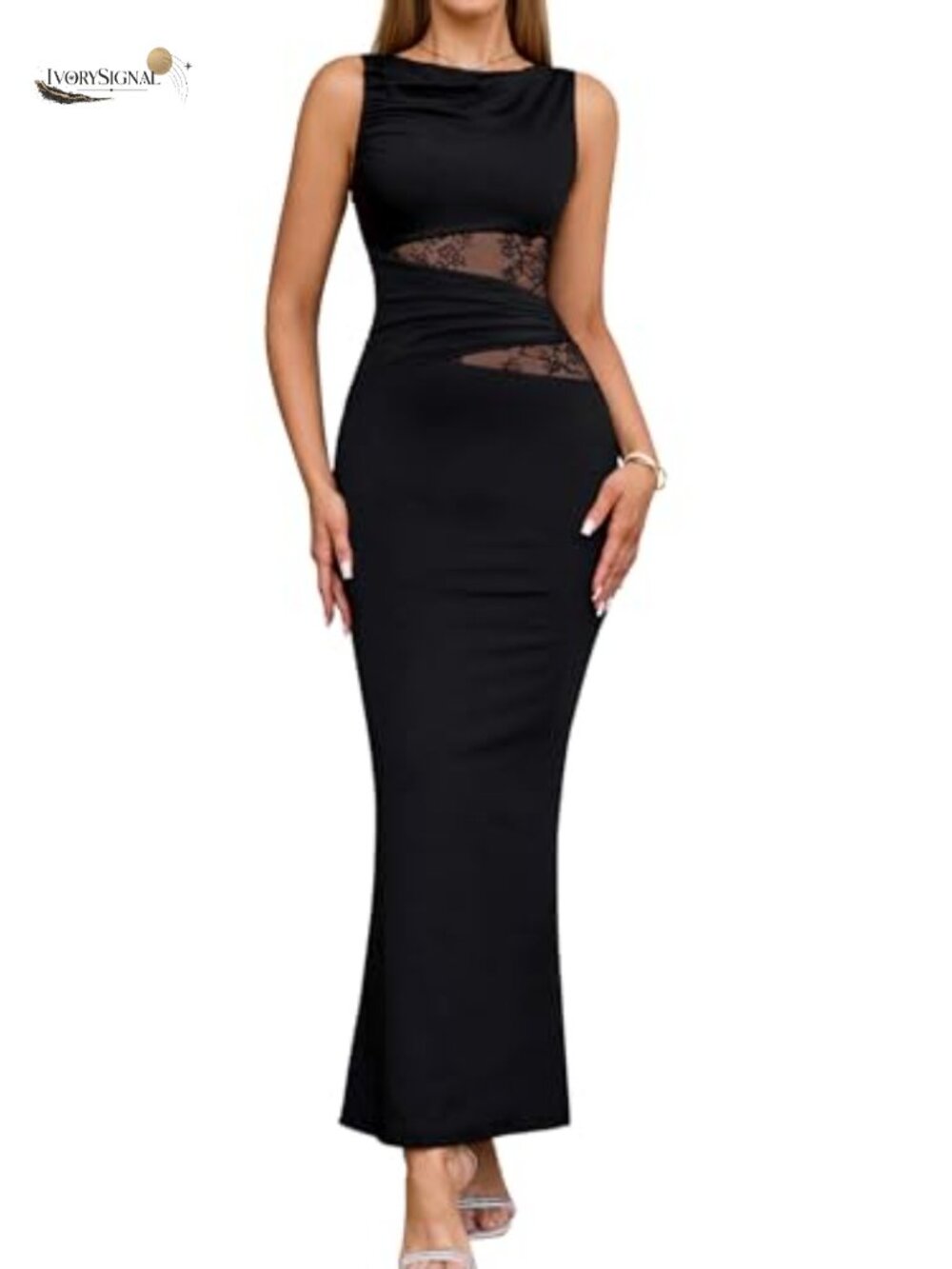 Lace Bodycon Maxi Dress Sleeveless Ruched Boat Neck Formal Wedding Guest